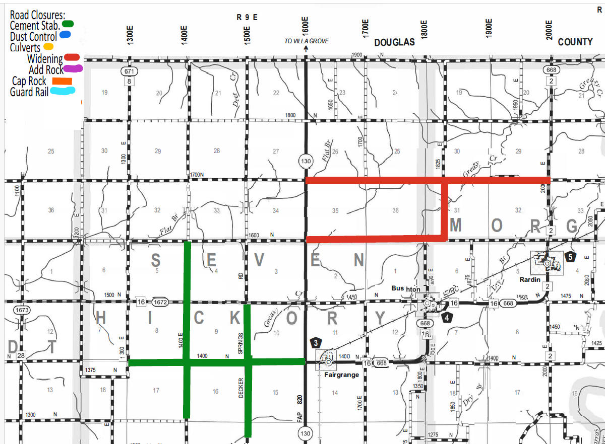 Map of road closures in Douglas and Morgan counties showing marked closures: green lines for cement stabilization, blue for dust control, orange for culverts, red for widening, pink for add rock, orange-red for cap rock, and light blue for guard rail.