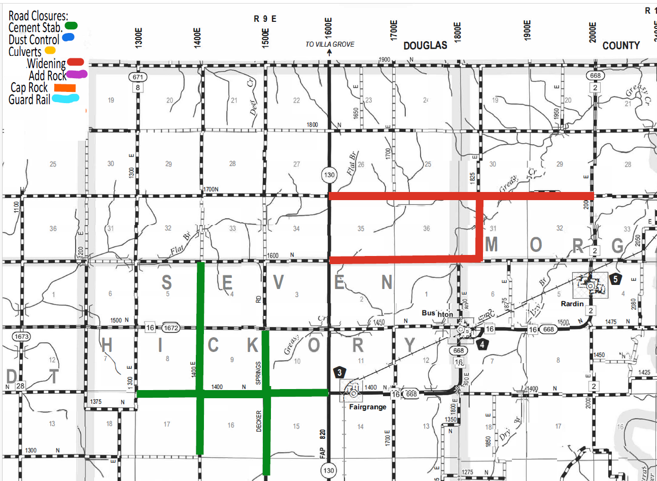 Map showing road closures in Hickory and Morgan areas with colored lines indicating types of closures: green for cement stabilization, blue for dust control, yellow for culverts, red for widening, pink for adding rock, orange for capping rock, and light blue for guard rail. Major roads and landmarks such as Fairgrange, Ruston, and Rardin are labeled, with grid lines for reference.