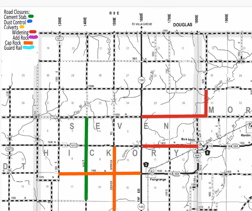 Map showing road closures and construction types in a grid layout across areas labeled Douglas, Seven, Hickory, and part of Mor. Legend indicates road closure types: green for cement stabilization, blue for dust control, yellow for culverts, red for widening, pink for adding rock, orange for cap rock, and light blue for guard rail. Several roads in the map are marked with these colors to indicate the construction work being done. Major roads and highways are numbered, with some towns like Bushton and Fairgrange labeled.