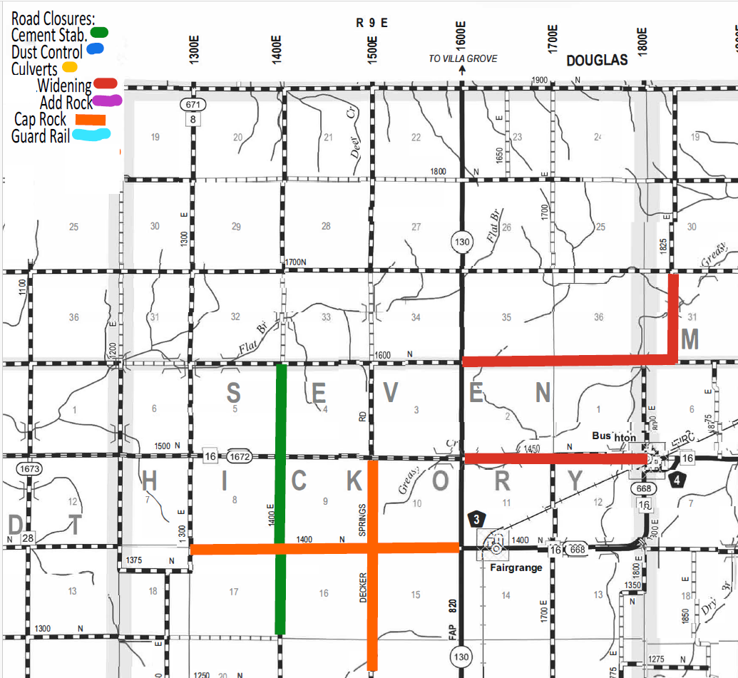 Roadwork map showing different types of road closures and treatments in S, E, V, E, N, and surrounding areas. The legend identifies colors for road features: green for cement stabilization, blue for dust control, orange for culverts, red for widening, purple for adding rock, orange for cap rock, and light blue for guard rail. Roads and grid lines are labeled with numbers and directions. Key towns like Fairgrange and Bushton appear with route numbers 3 and 4 highlighted.