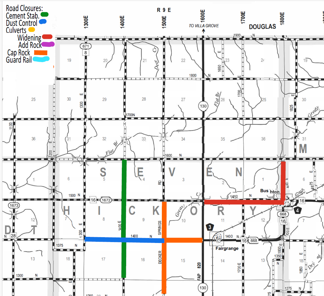 Map showing road closures and work types around Seven Hickory area with color-coded legend: green for cement stabilization, blue for dust control, yellow for culverts, red for widening and cap rock, purple for add rock, and light blue for guard rail; streets labeled with grid numbers and some with road names; notable places include Douglas, Fairgrange, and Bushton.