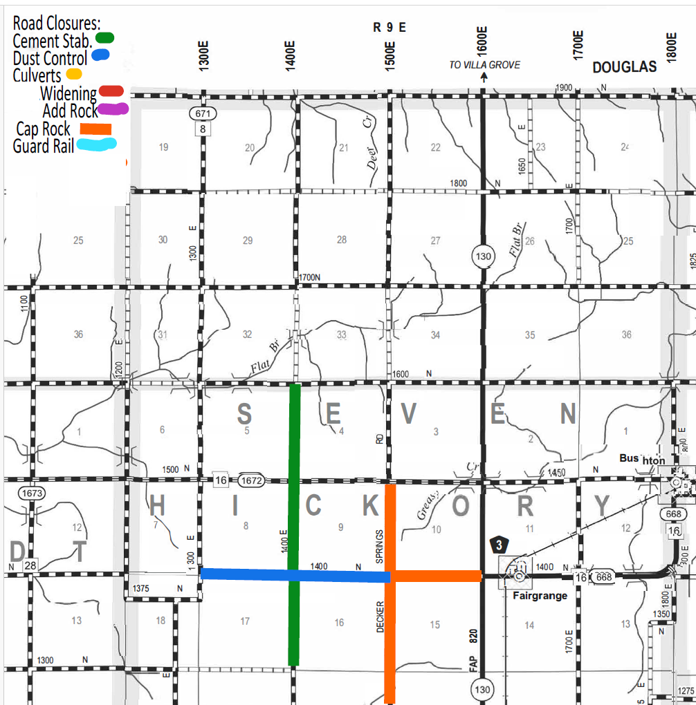 Map of Seven Hickory area displays road closures and control measures with color-coded legend: green for cement stab, blue for dust control, yellow for culverts, red for widening, purple for add rock, orange for cap rock, and light blue for guard rail. Roads are labeled with numbers and coordinates, with highlighted roads marked in corresponding colors for closures and improvements near Seven Hickory and Fairgrange.