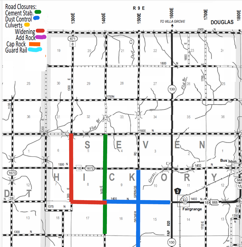 Map showing Seven Hickory area road closures with color-coded legend: green for cement stabilization, blue for dust control, yellow for culverts, red for widening, purple for adding rock, dark red for cap rock, and light blue for guard rail. Roads marked with colored lines indicate corresponding types of closures or construction. Locations include Fairgrange and several numbered sections.