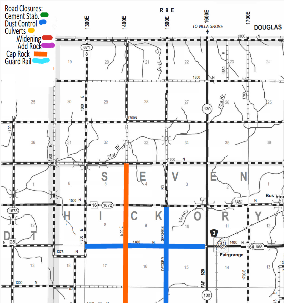 Section of a road map showing Severn and Dorr townships with labeled roads and grid lines; color-coded legend indicates road closures for cement stabilization (green), dust control (blue), culverts (yellow), widening (red), added rock (purple), cap rock (orange), and guard rail (light blue). Roads marked in blue and orange correspond to dust control and cap rock closures.