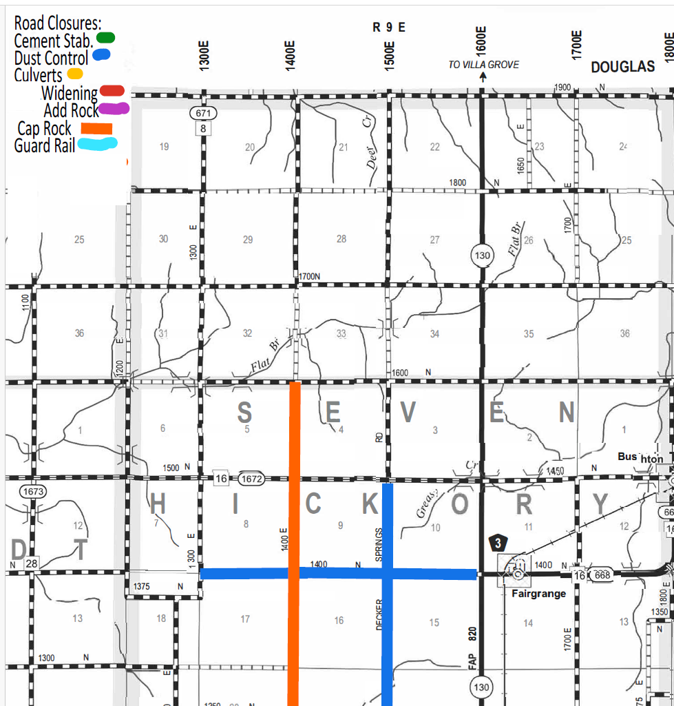 Map showing road closures and construction details in a grid layout, with color-coded legend: green for Cement Stabilization, blue for Dust Control, orange for Cap Rock, red for Widening, purple for Add Rock, and light blue for Guard Rail. Roads are labeled with numbers and letters indicating locations within the Seven Hickory area, with major roads marked with thicker lines. The map includes directional markers such as North and arrows pointing to Villa Grove and Douglas.