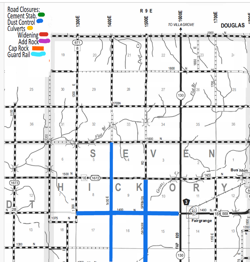 Map section showing road closures in Hickory, Seven, and Douglas areas, with a legend indicating different closure types marked by colored lines: green for cement stabilization, blue for dust control, orange for culverts, red for widening, pink for adding rock, dark orange for cap rock, and light blue for guard rail. Major roads and grid lines are labeled with coordinates and road numbers, highlighting areas with blue lines indicating dust control closures, particularly along 1400 E and Decker Springs roads, and nearby intersecting roads. Nearby communities like Fairgrange are labeled.