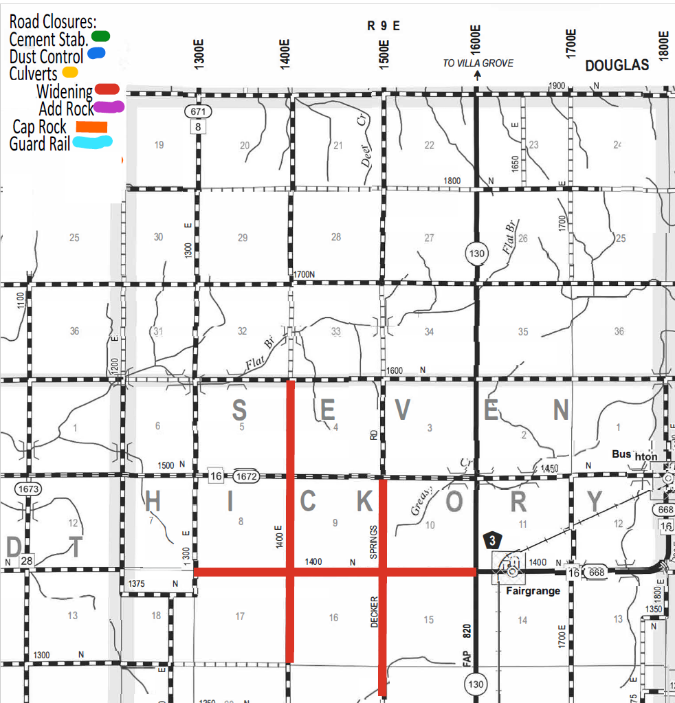 Map of road closures and construction types in a grid layout covering part of Douglas County, including roads labeled 1300E, 1400E, and 1700E, with roads 1400N and 1375N. Road closures and work areas are highlighted with colored lines: red for widening, pink for add rock, orange for cap rock, light blue for guard rail, green for cement stabilization, blue for dust control, and yellow for culverts. The map indicates locations such as Fairgrange and Bushton along highway 130 and highway 16, with major north-south and east-west roads marked by route numbers and township sections labeled with numbers.