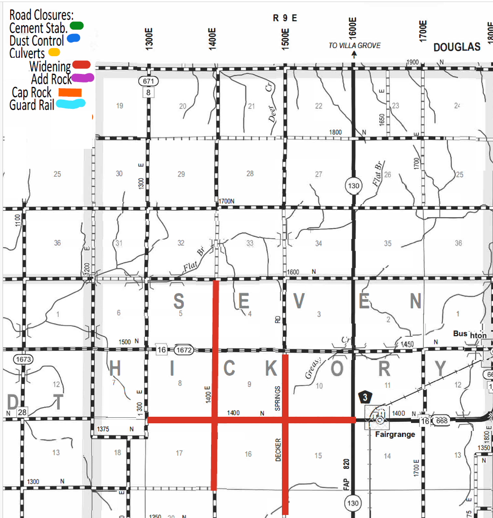 Map showing road closures and improvements in a grid layout with labeled sections and roads. A legend on top left indicates color-coded road activities: green for cement stabilization, blue for dust control, yellow for culverts, dark red for widening, purple for adding rock, red for cap rock, and light blue for guard rail. Several roads are marked in red indicating widening and other improvements. The map includes route numbers, road names, and directional markers, highlighting road projects around Fairgrange and nearby locations.