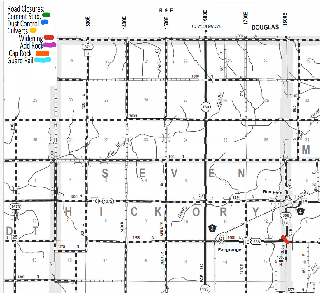 Map of road closures and construction work in an area labeled 'SEVEN HICKORY' with marked roads and features including Highway 130 and routes 16, 668, 671, 1672, and 1673. A legend indicates symbols for cement stabilization (green), dust control (blue), culverts (yellow), widening (red), adding rock (purple), cap rock (orange), and guard rail (light blue). The map shows multiple grid roads, intersections, geographic marks, and localities like Fairgrange, Bushton, and Douglas. A red line indicates road widening near the intersection of Route 16 and 1800 E.