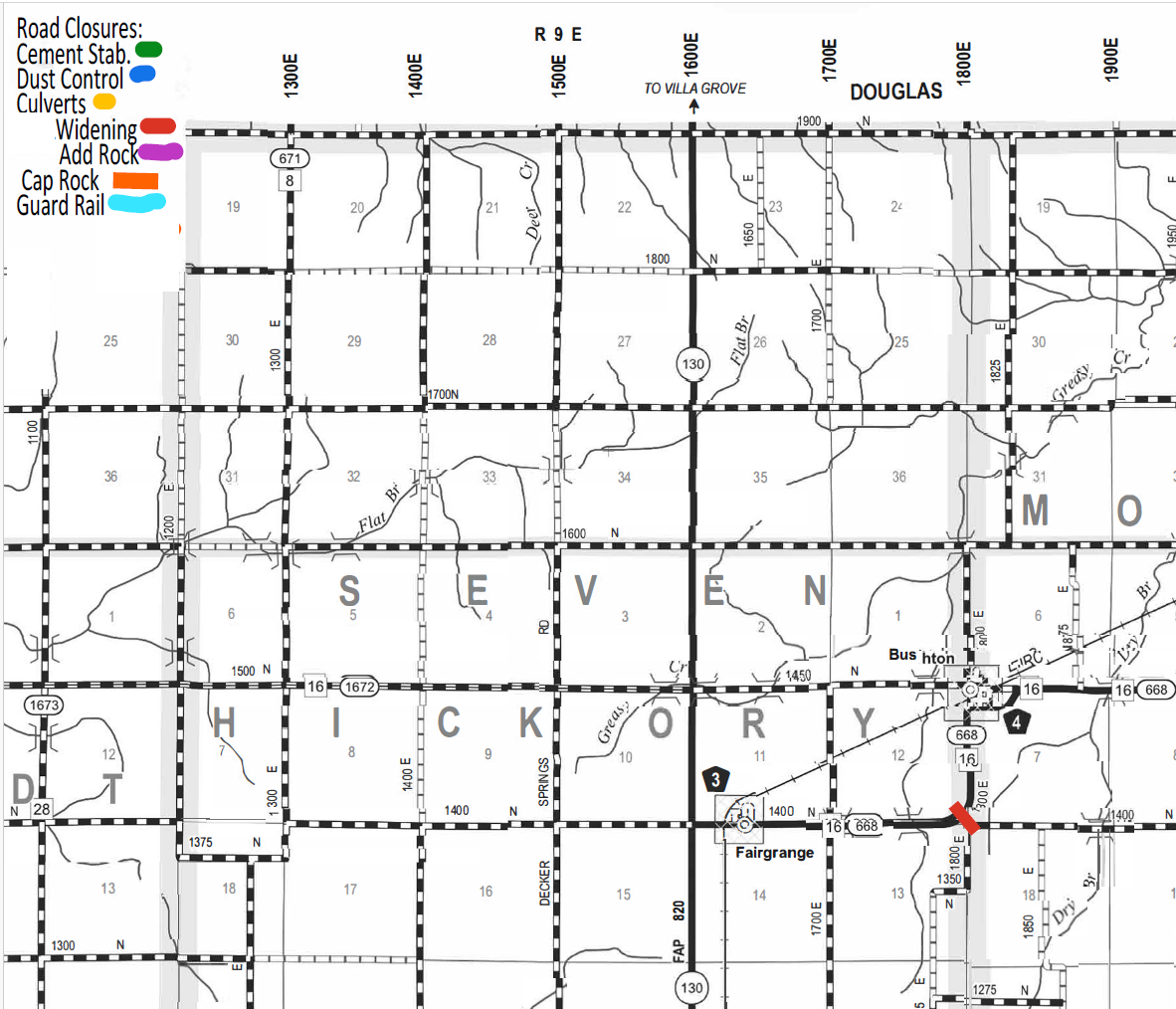 Map showing road closures in Hickory County with grid layout labeled by road numbers and directions, highlighting different types of closures: green for cement stabilization, blue for dust control, yellow for culverts, red for widening, purple for add rock, orange for cap rock, and light blue for guard rail. Locations such as Douglas, Bushton, and Fairgrange are marked, along with highways 16, 130, 668, and 671, and major roads indicated with block numbers.