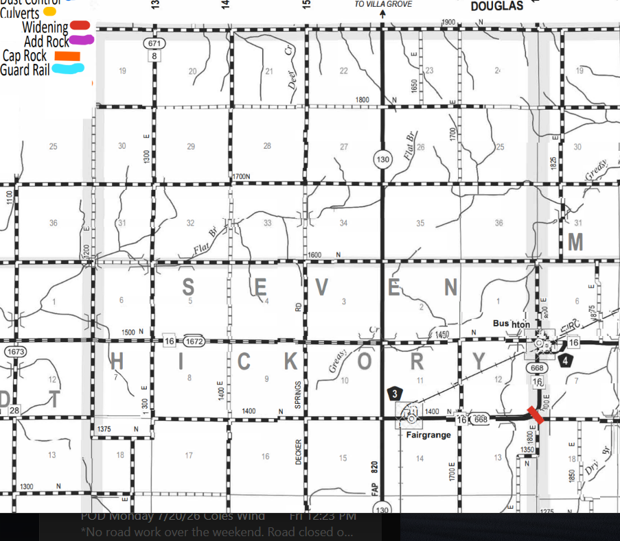 Map section of seven counties showing roads with black and white checkered and solid lines, town names Hichory, Douglas, and others labeled, numbered grid sections, road numbers 16, 668, 130, and 671, and colored legend on upper left showing markings for Dust Control Culverts (yellow), Widening (red), Add Rock (purple), Cap Rock (orange), and Guard Rail (blue). Key locations include Fairgrange and Bushton. Road 1700 E marked with a red widening line.