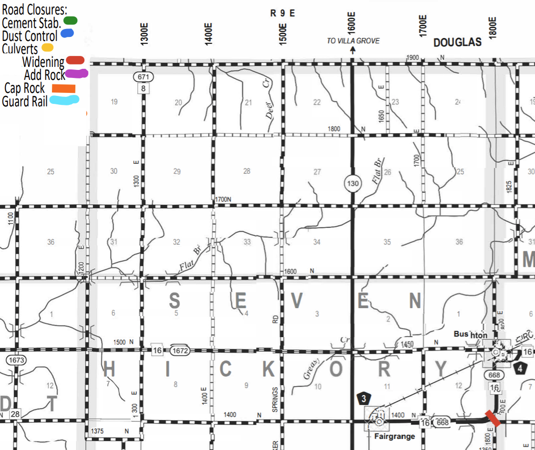 Map showing road closures in an area labeled with grids and roads, including Douglas and Hutchton. Legend indicates closures types by color: green for Cement Stabilization, blue for Dust Control, yellow for Culverts, red for Widening, purple for Add Rock, orange for Cap Rock, and light blue for Guard Rail.