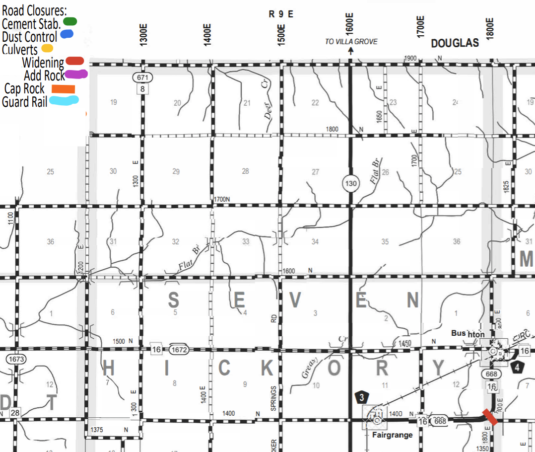 Map showing road closures and construction types in an area with labeled roads and grid sections, legend indicates closures by cement stabilization, dust control, culverts, widening, adding rock, cap rock, and guard rail using colored symbols.