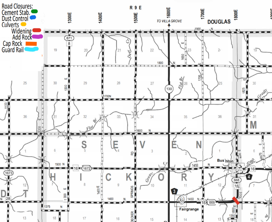 Map showing road closures and construction work in Seven Hickory area near Douglas and Fairgrange, with roads marked for cement stabilization, dust control, culverts, widening, added rock, cap rock, and guard rail in various colors and symbols.