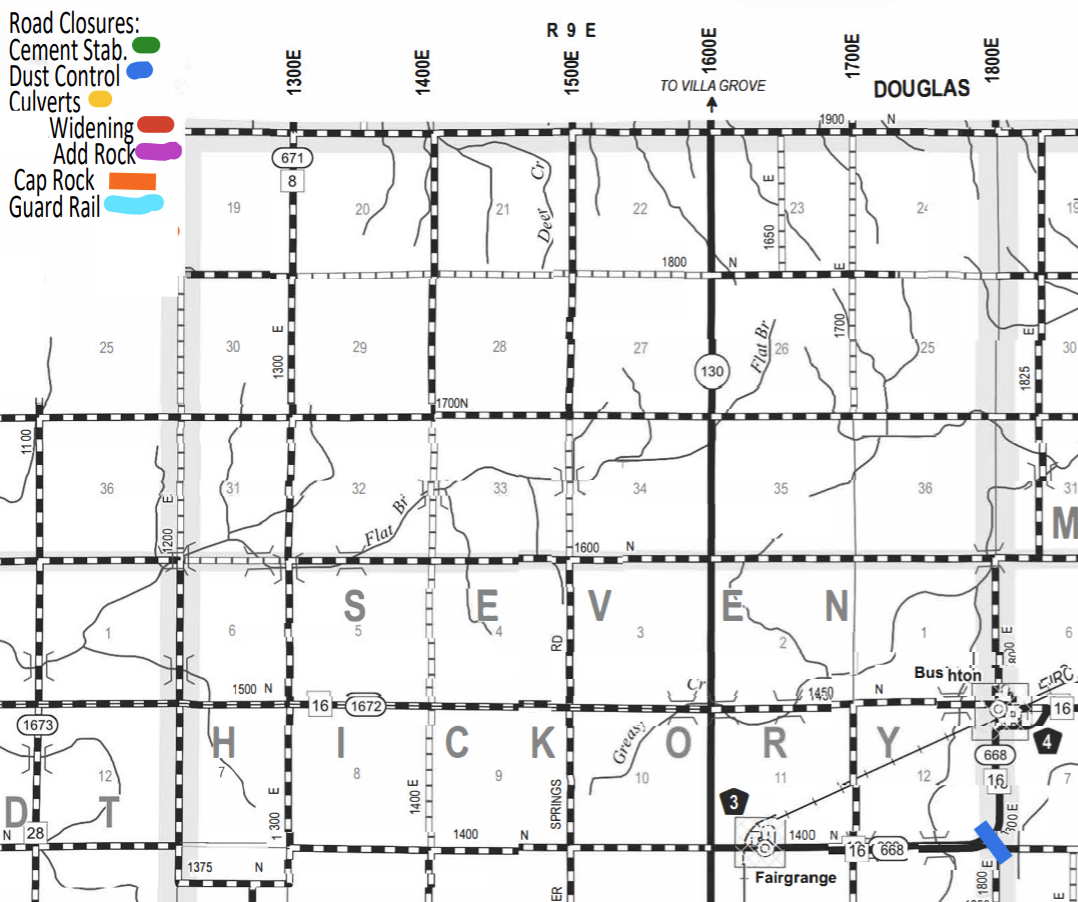Section of a road map showing road closures in various colors: green for cement stabilization, blue for dust control, yellow for culverts, red for widening, purple for adding rock, orange for cap rock, and light blue for guard rail. The map includes labeled grid lines with road numbers and names such as Douglas, Seventh Hickory, and Fairgrange, and directional markers like R 9 E and 1500 E, along with routes 671, 130, 16, and 668.