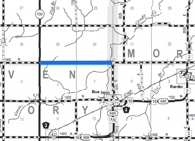 Black and white map section showing roads, railways, and place names including Buston and Rardin, with numbered routes 130, 3, 4, 16, 668, and 2. The map features grid lines, river outlines, and scattered numbers marking land plots or areas.