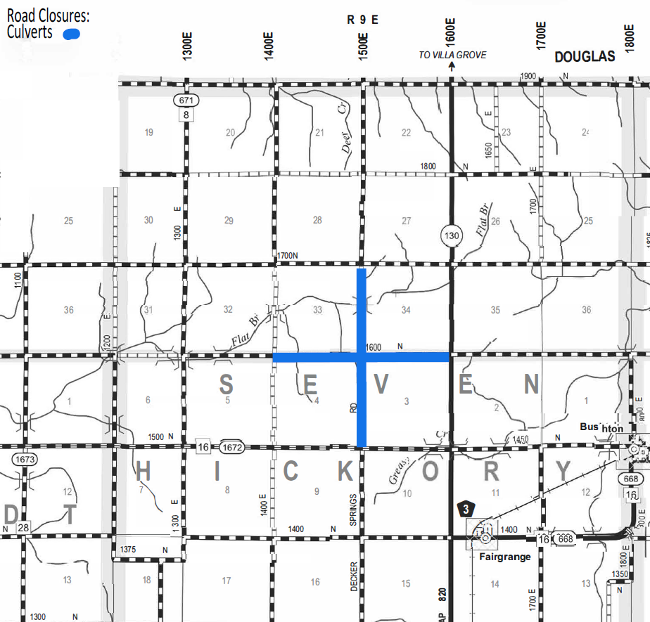 Map showing road closures marked by blue lines at a cross section between 1600N and 1700N roads and an unnamed vertical road in Seven County, near Douglas.
