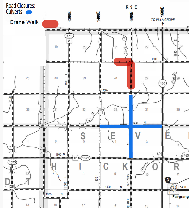 Map showing road closures with red marks on roads labeled Crane Walk near 1300 E and 1700 N, and a blue cross on culverts at intersection of 1600 N and an unlabeled north-south road in Sevier County, near Fairgrange.