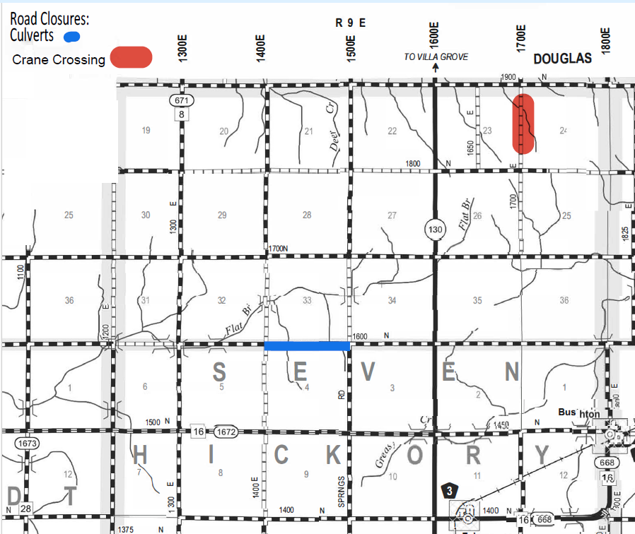 Map showing road closures in parts of Seven Hickory and Douglas regions with culverts marked in blue and crane crossing marked in red. Blue line indicates a culvert closure between roads 1600 N and 1700 N in section 4, Seven Hickory. Two red areas mark crane crossing closures along 1900 N at 1300 E and near 1650 E in Douglas. Roads, section numbers, and key landmarks like Villa Grove and a bus station are labeled.