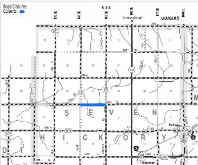Black and white map showing road grid of seven hickory area with block numbers, roads, small waterway, and a few blue highlights indicating culverts or road closures. Major roads are labeled with numbers like 1673 and 130. Towns labeled include Douglas and Fairgrange.