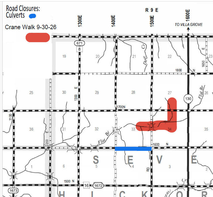 Map showing road and culvert closures near Crane Walk dated 9-30-26, with red markings for road closures and blue for culverts, including roads labeled 1300E, 1400E, 1500E, 1600E, and numbered grid areas.