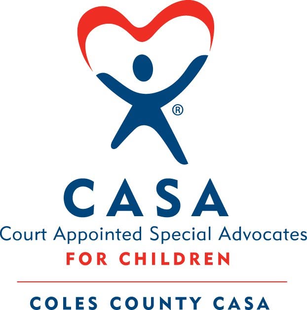Logo of CASA with a blue human figure reaching upwards forming a red heart shape above its head, accompanied by the text 'Court Appointed Special Advocates FOR CHILDREN' and 'COLES COUNTY CASA' beneath it.