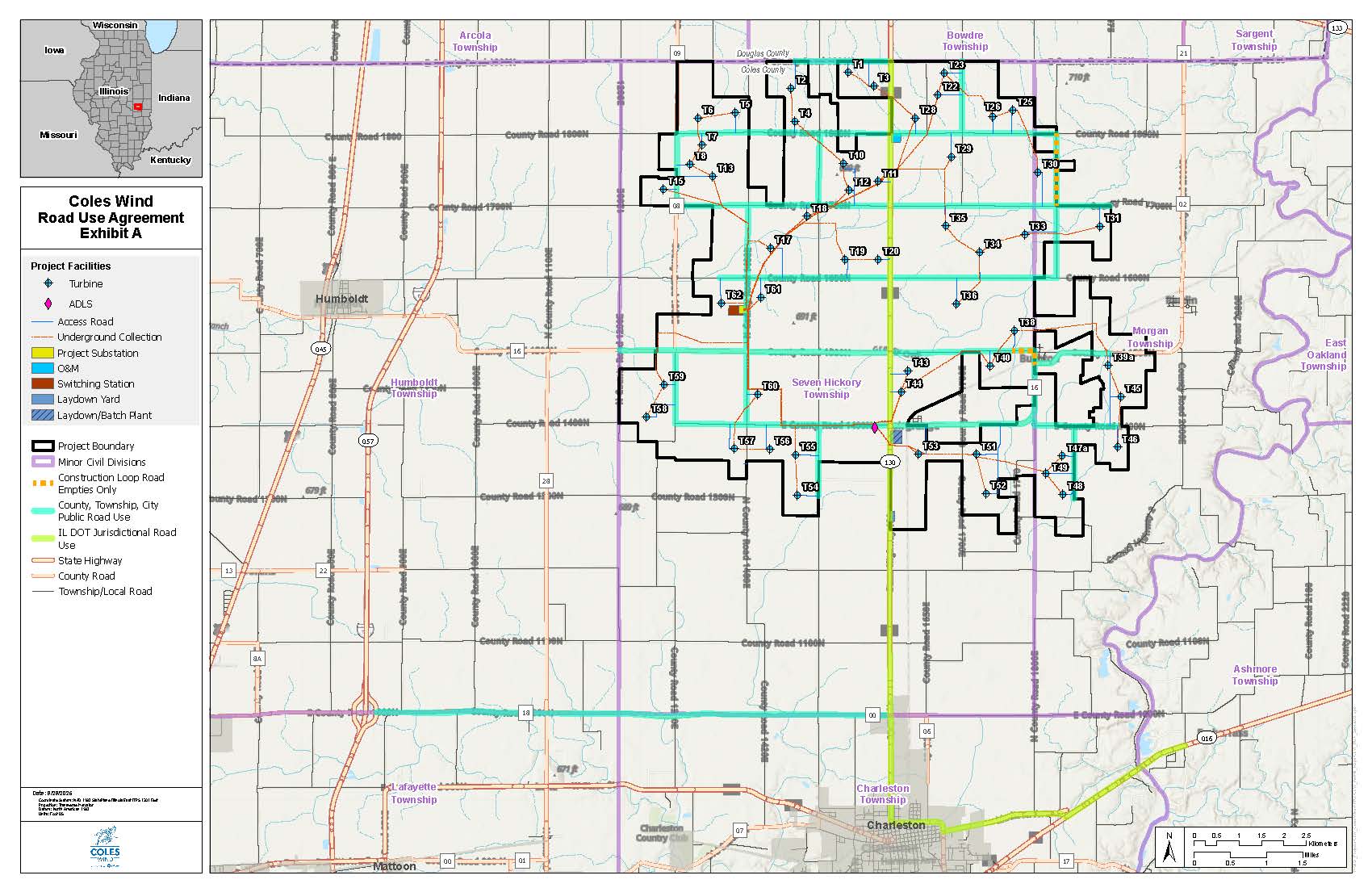 Map of Coles Wind Road Use Agreement Exhibit A showing project facilities including turbines, ADLS, access roads, underground collection, project substation, O&M, switching station, laydown yard, and laydown/batch plant within project boundary outlined in black. Colored lines indicate minor civil divisions, construction loop roads, public road use, IL DOT jurisdictional road use, state highway, county road, and township/local road. Townships of Arcola, Humboldt, Seven Hickory, Morgan, East Oakland, Ashmore, Charleston, and Lafayette are labeled. City of Charleston is marked. Map includes scale, north arrow, and inset showing location in Illinois with surrounding states Iowa, Missouri, Indiana, Kentucky, and Wisconsin.