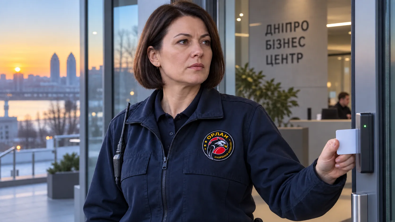 Охоронниця Орлан прикладає картку до зчитувача біля бізнес-центру