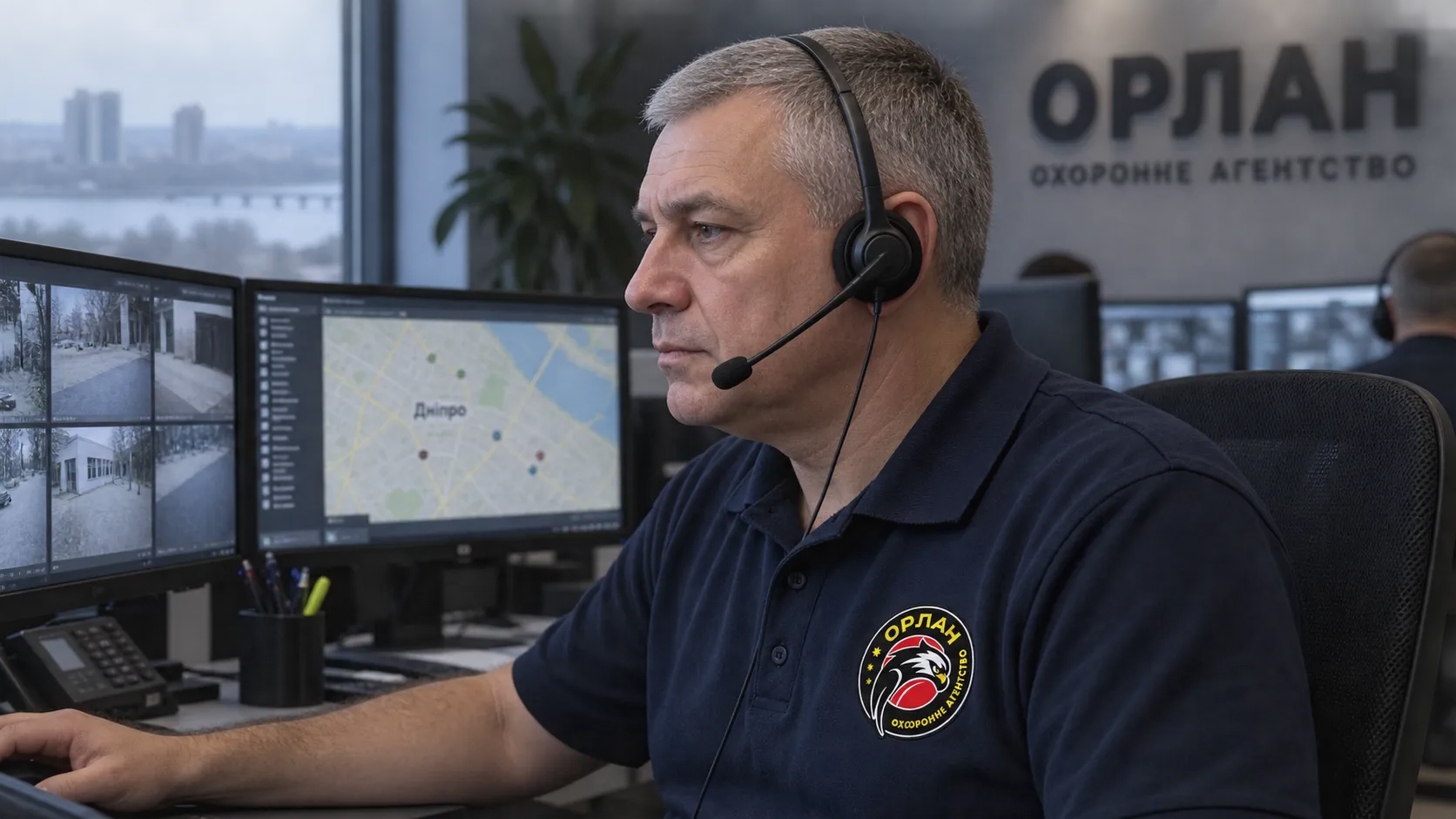 Оператор Орлан з гарнітурою за моніторами пульта спостереження