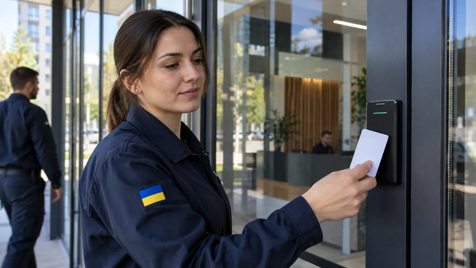 Жінка у формі прикладає картку доступу до зчитувача на дверях