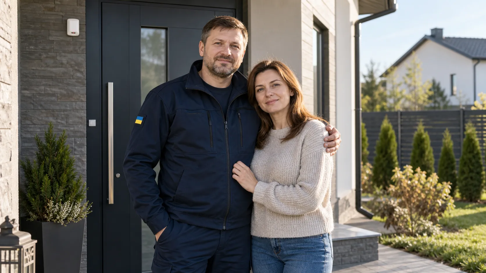 Чоловік і жінка обіймаються біля дверей приватного будинку