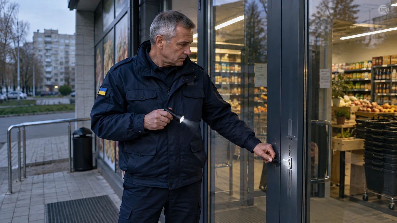 Охоронець з ліхтариком перевіряє двері магазину