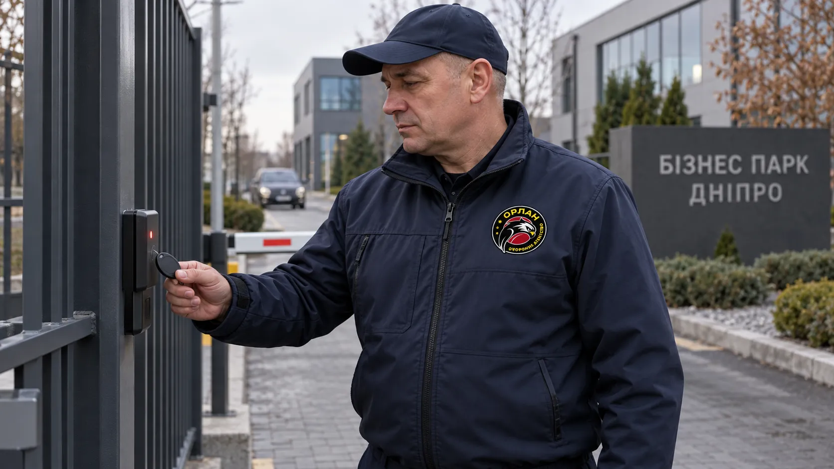 Охоронець відчиняє ворота карткою доступу біля бізнес-парку