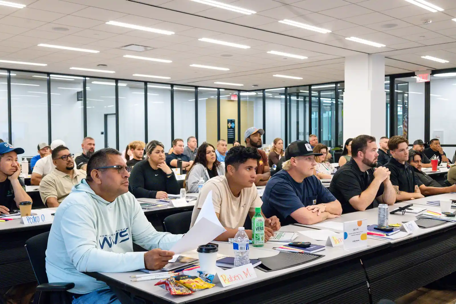 Full classroom of students attending an Illinois Roofing Institute exam prep class