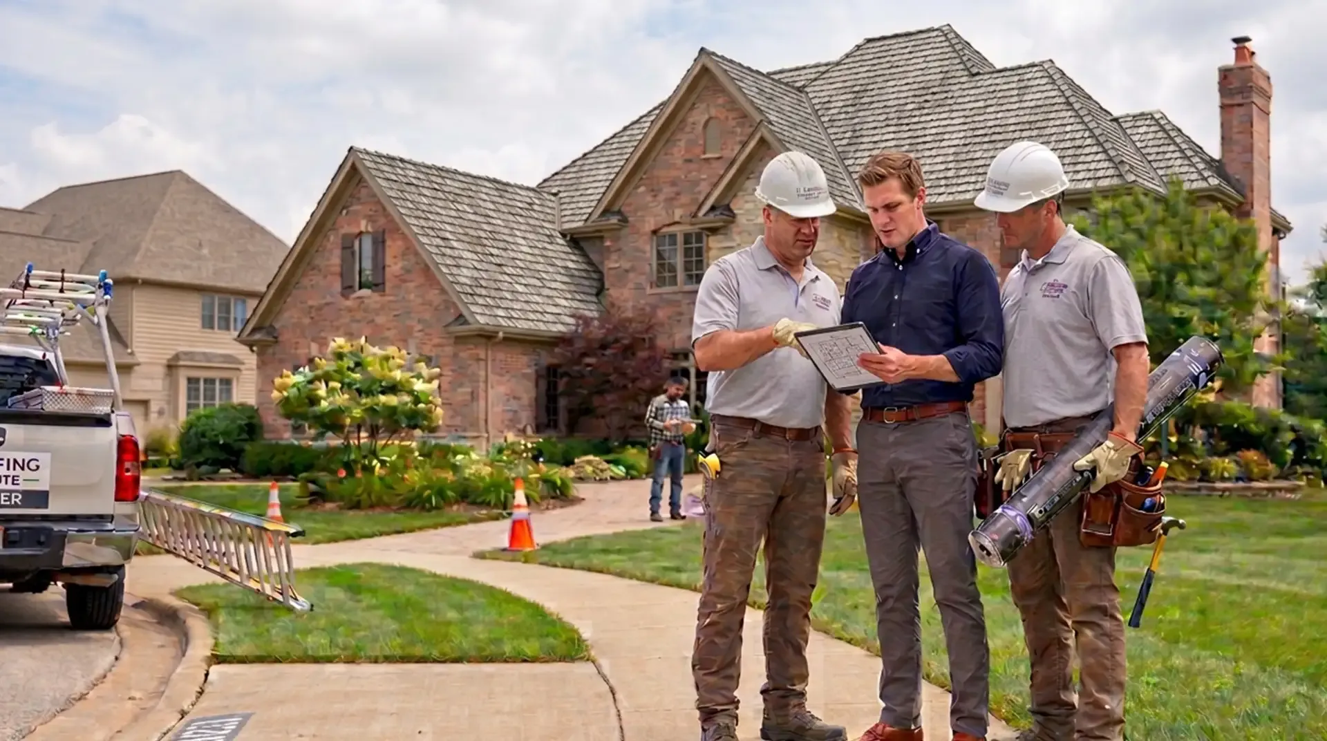 Roofers at work on an Illinois roof