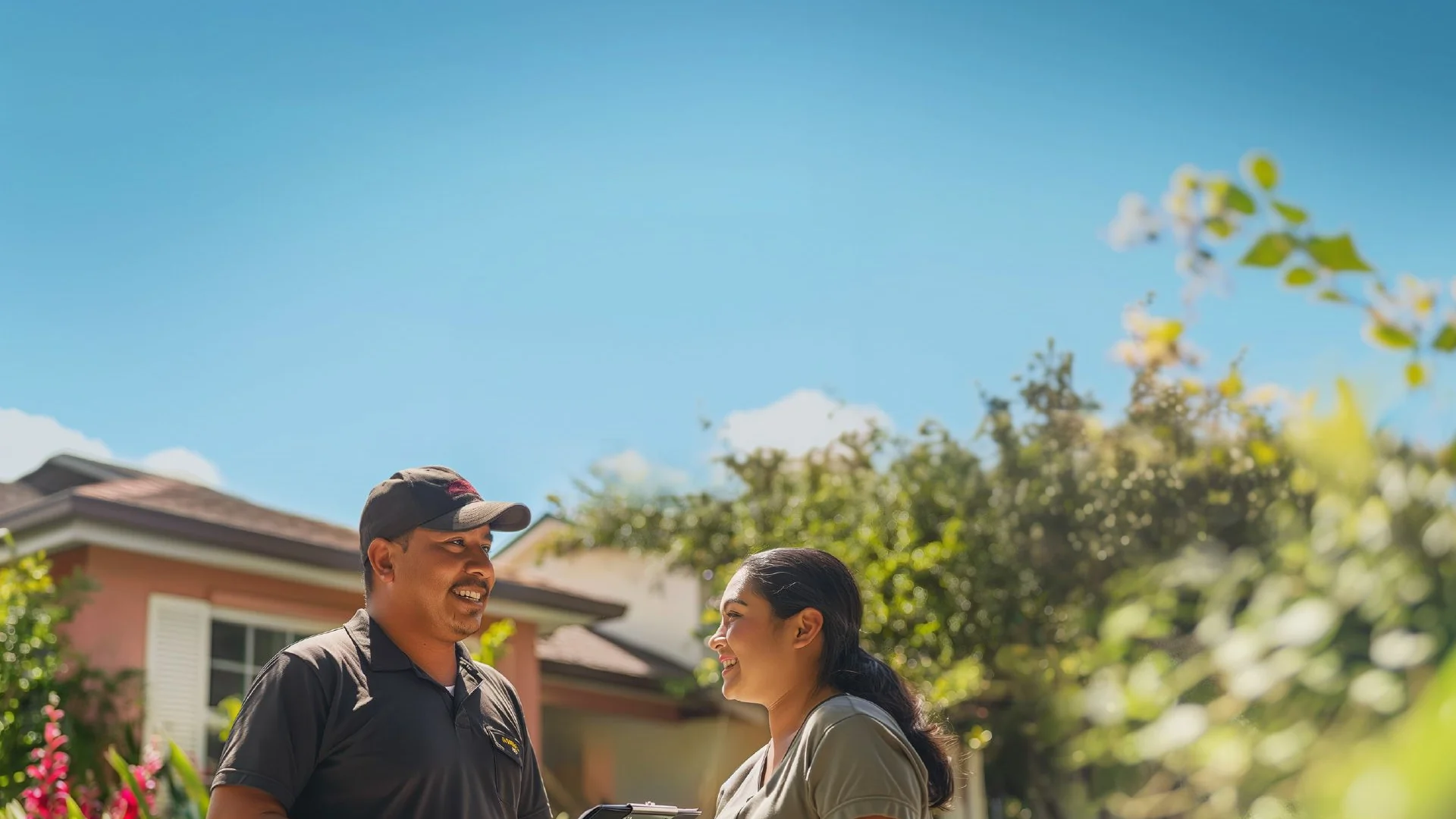 A public adjuster talking with a homeowner outside their house