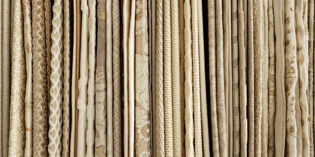 A row of cream and ivory fabric samples hanging side by side in the showroom