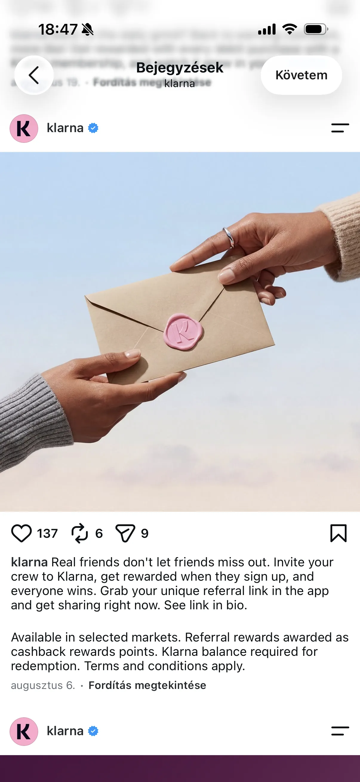 Instagram post: hands passing a small parcel sealed with a pink sticker