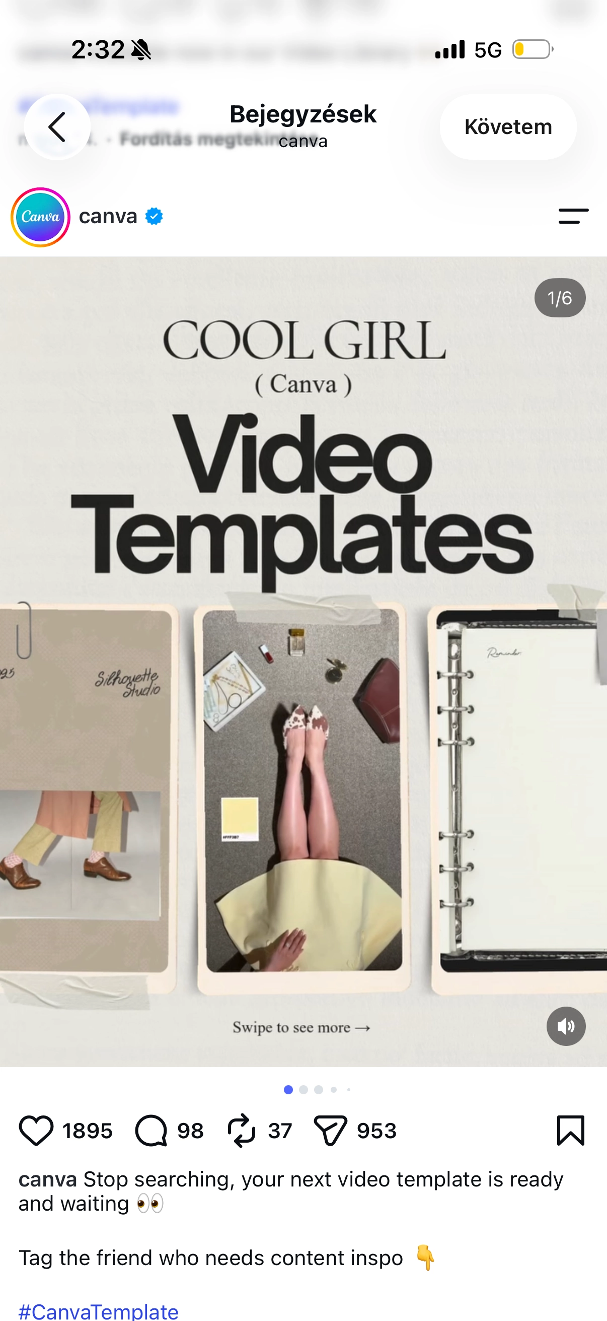 Instagram post: a video-templates carousel on a phone screen