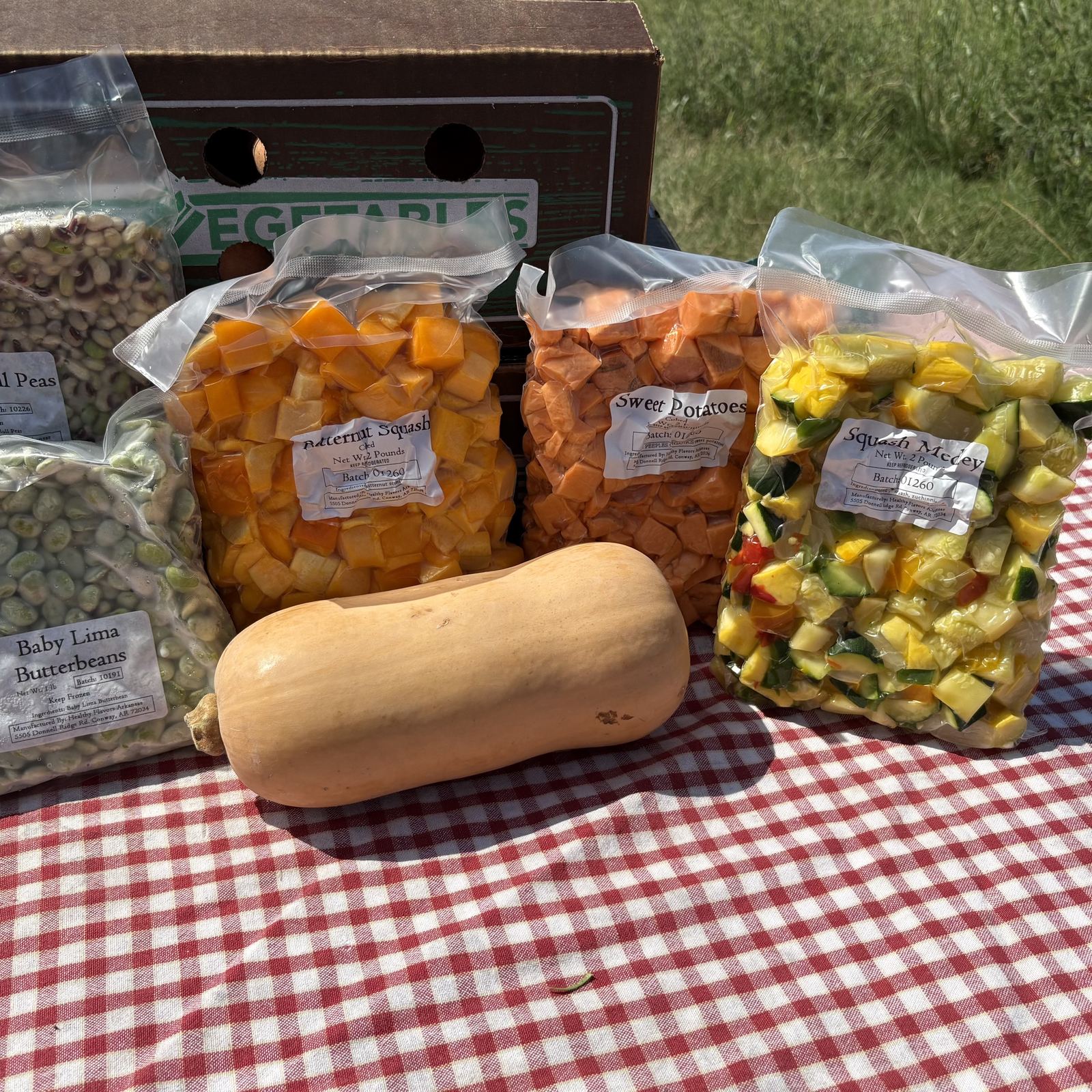 FRESH Box with frozen butternut squash, sweet potatoes, squash medley and baby lima butterbeans