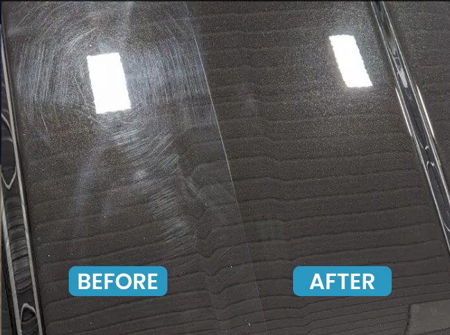 Before and after paint correction test spot on black paint