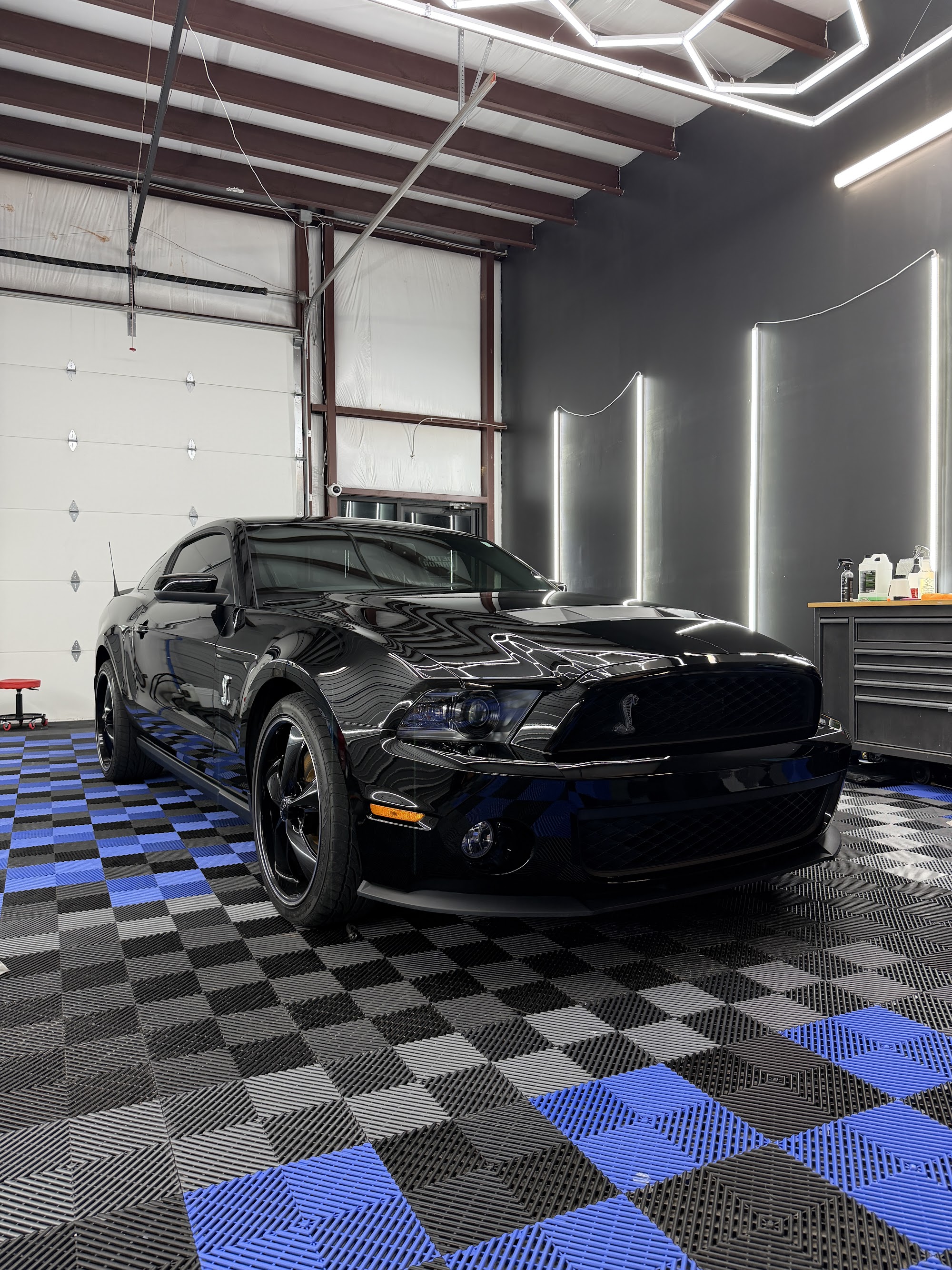 Black Shelby Mustang after a two-stage paint correction and ceramic coating in the studio