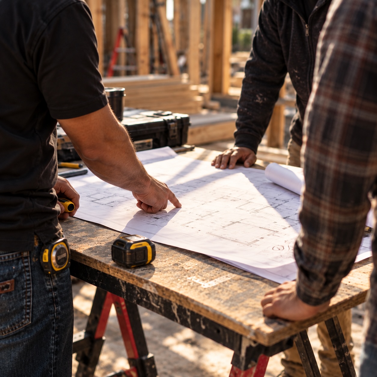 Entrepreneur devant un plan de maison