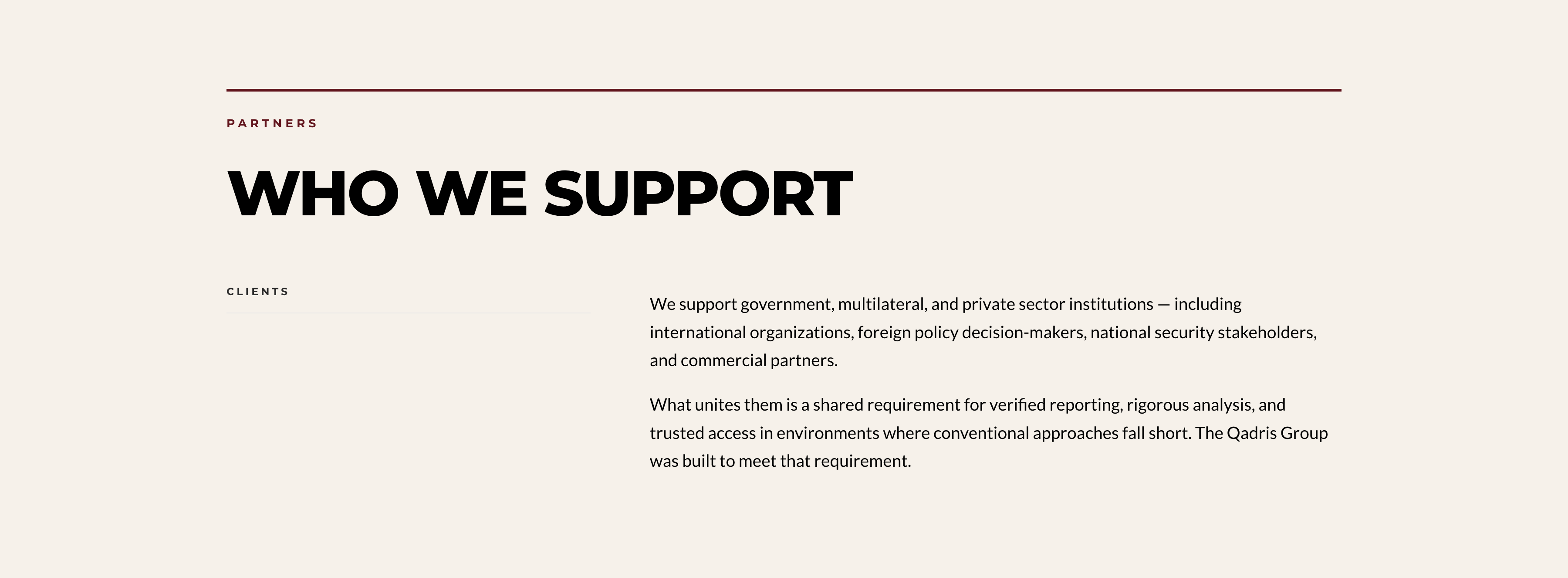 Who we support section listing government, multilateral and private-sector institutions