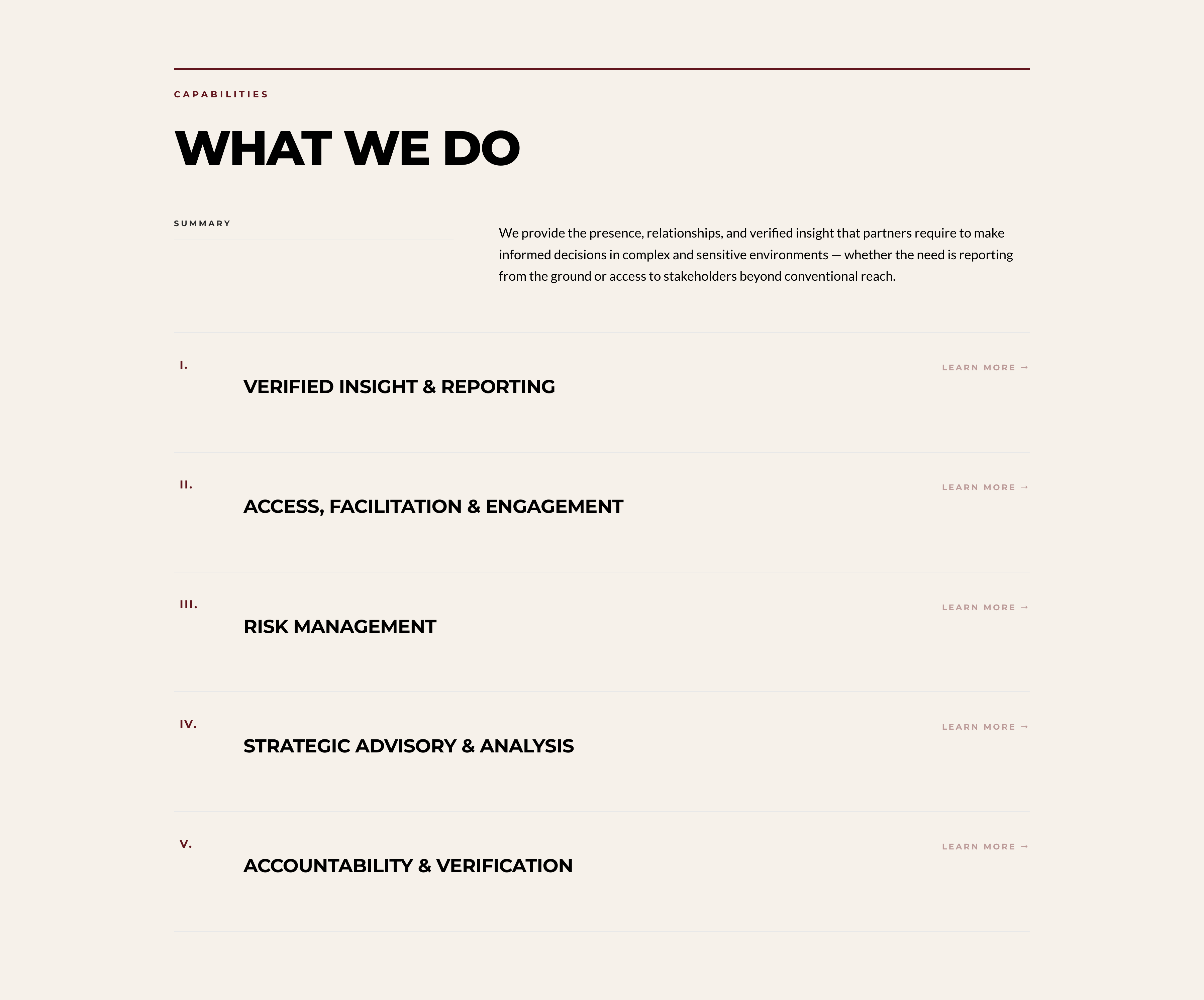 The Qadris Group website — the "What we do" capabilities page, with five numbered service areas