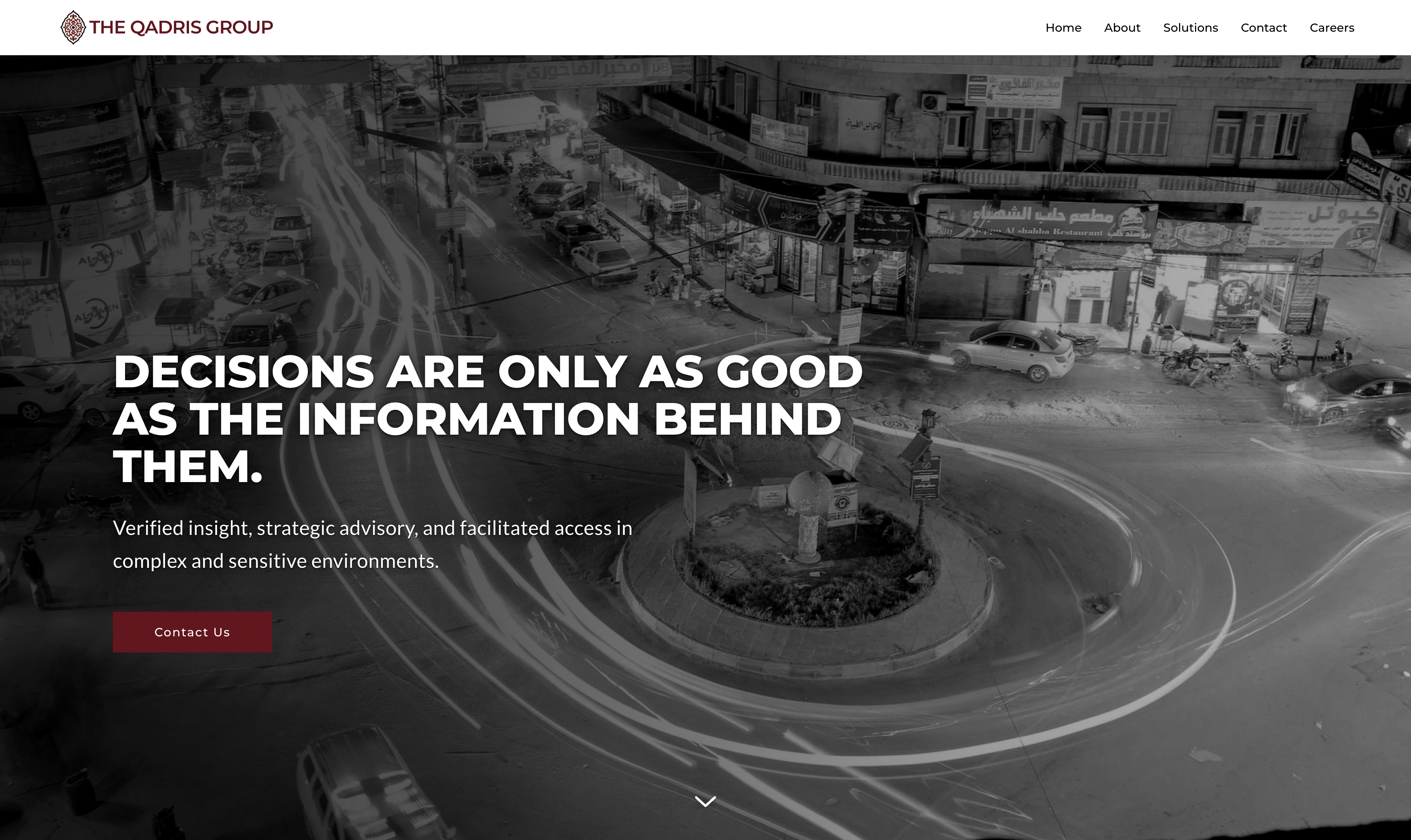 The Qadris Group website — homepage hero with the statement "Decisions are only as good as the information behind them."