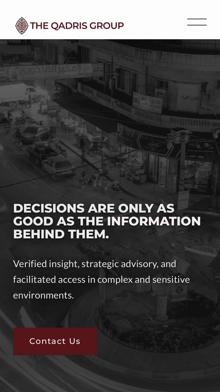 Mobile homepage hero with the statement “Decisions are only as good as the information behind them.”
