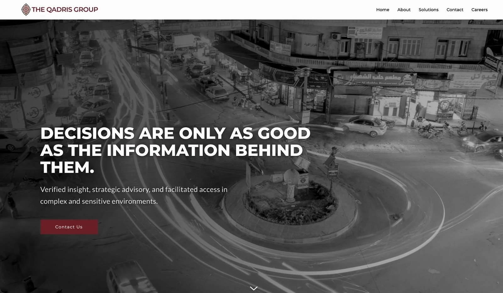 The Qadris Group website — homepage hero, decisions are only as good as the information behind them