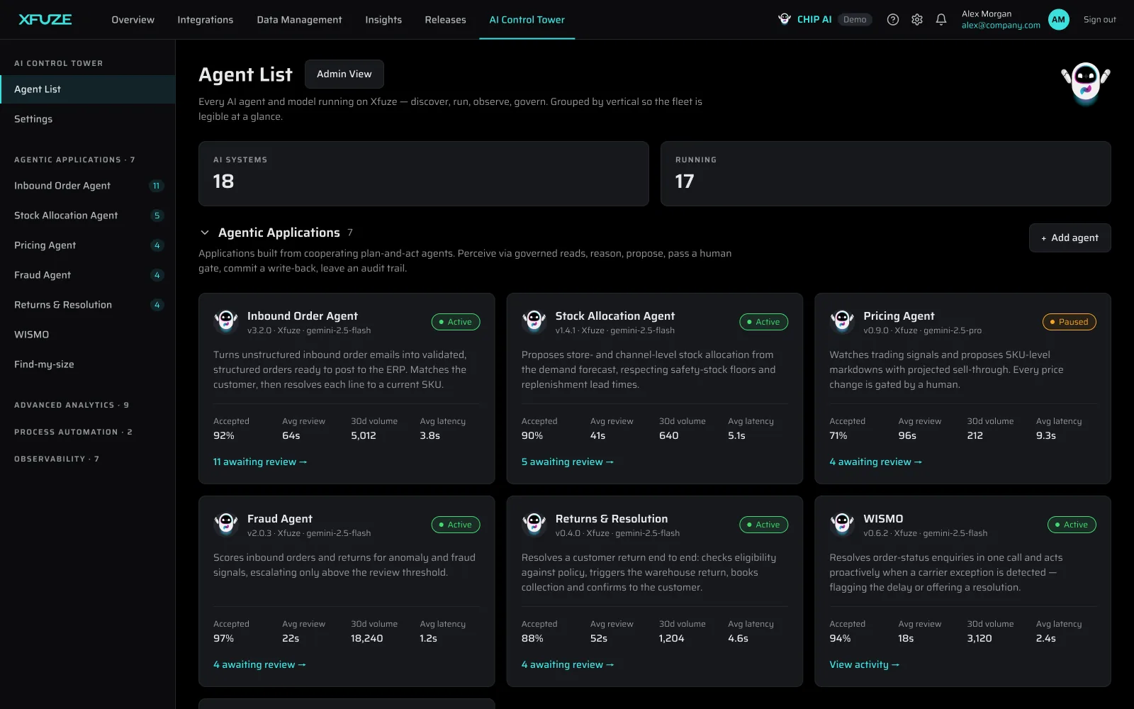Xfuze AI Control Tower agent list showing each agentic application, its status and items awaiting review