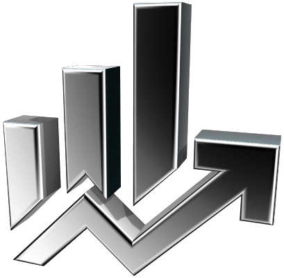 3D silver bar chart with four vertical bars of increasing height from left to right and a silver arrow rising diagonally upward from left to right in front of the bars, symbolizing growth or investment.